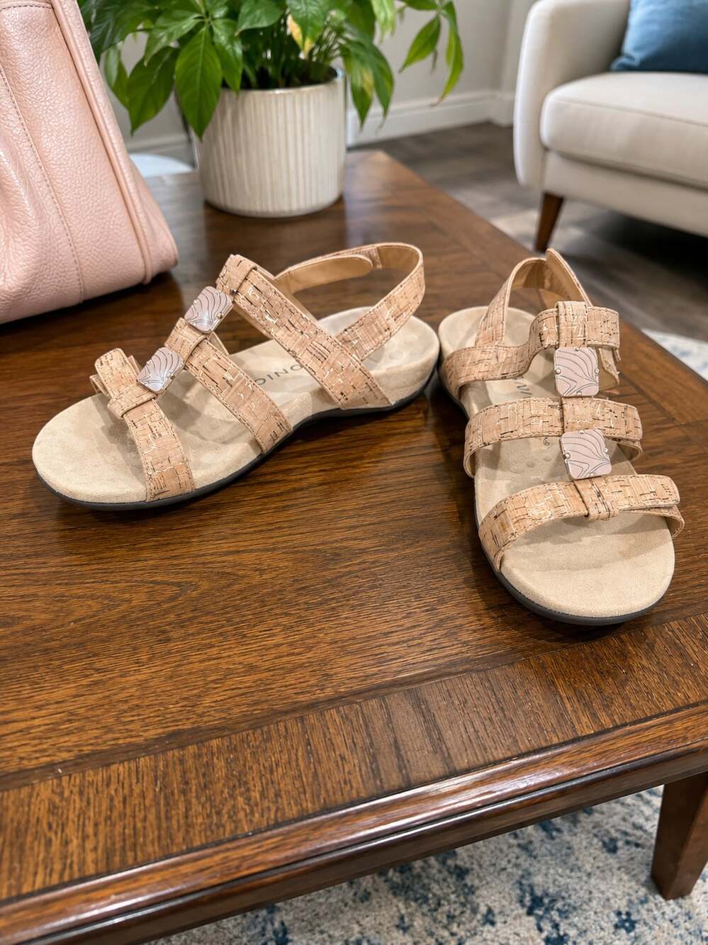 Vionic Orthaheel Cork Print Adjustable Comfort Sandals Beige Arch Support
